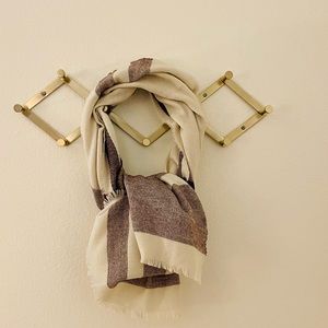 BP acrylic tan/maroon large rectangular scarf with fringe